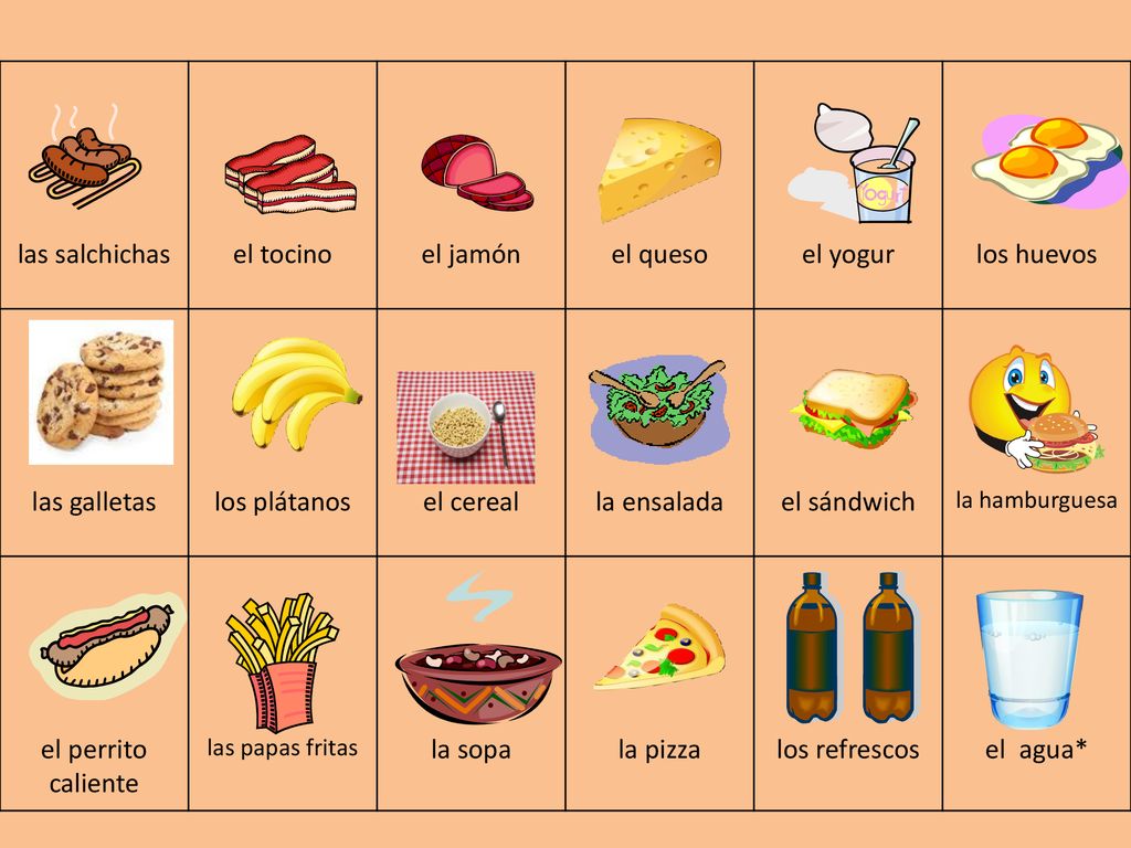 las salchichas el tocino el jamón el queso el yogur los huevos