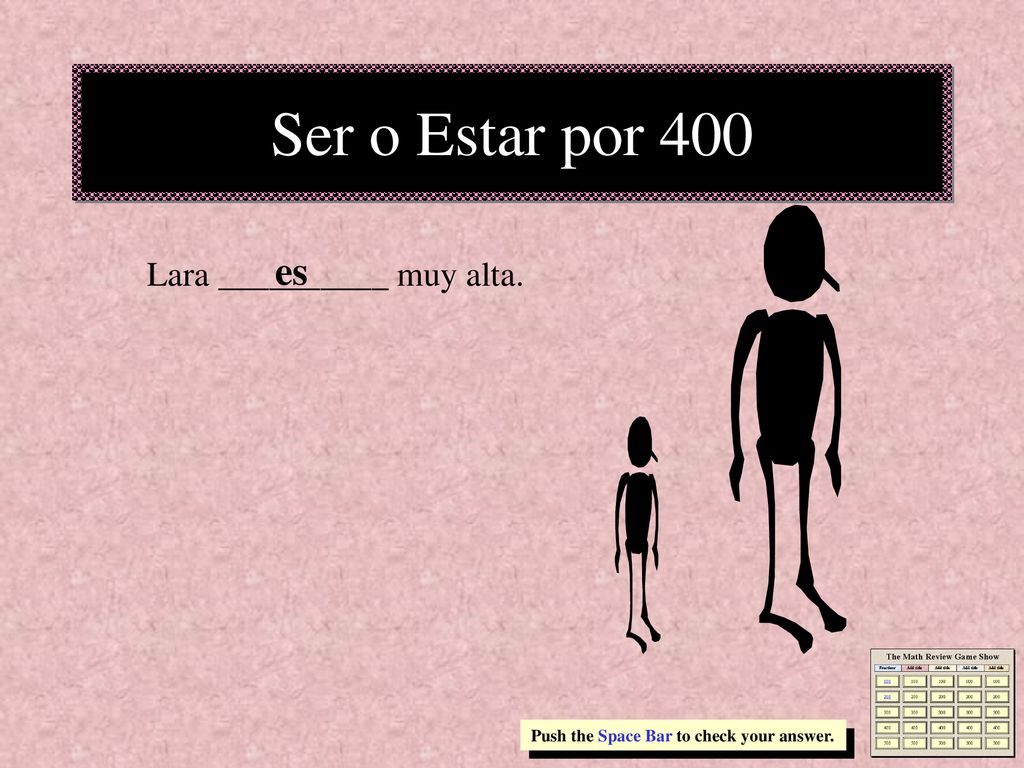 Ser o Estar por 400 es Lara __________ muy alta.