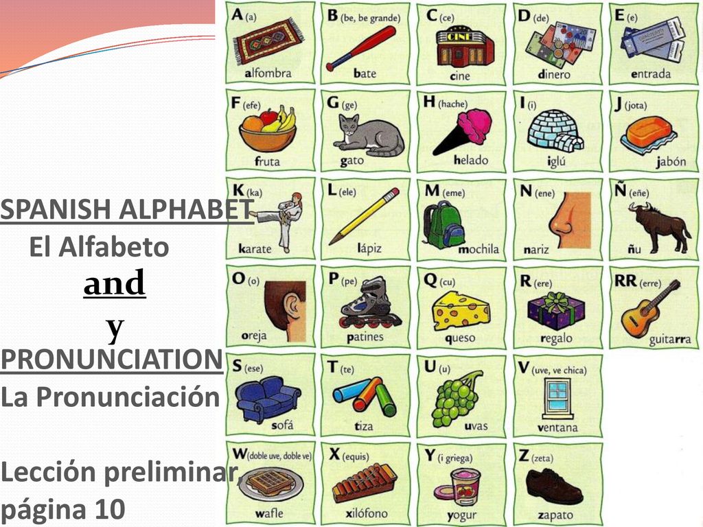 SPANISH ALPHABET El Alfabeto PRONUNCIATION La Pronunciación Lecciόn preliminar, página 10