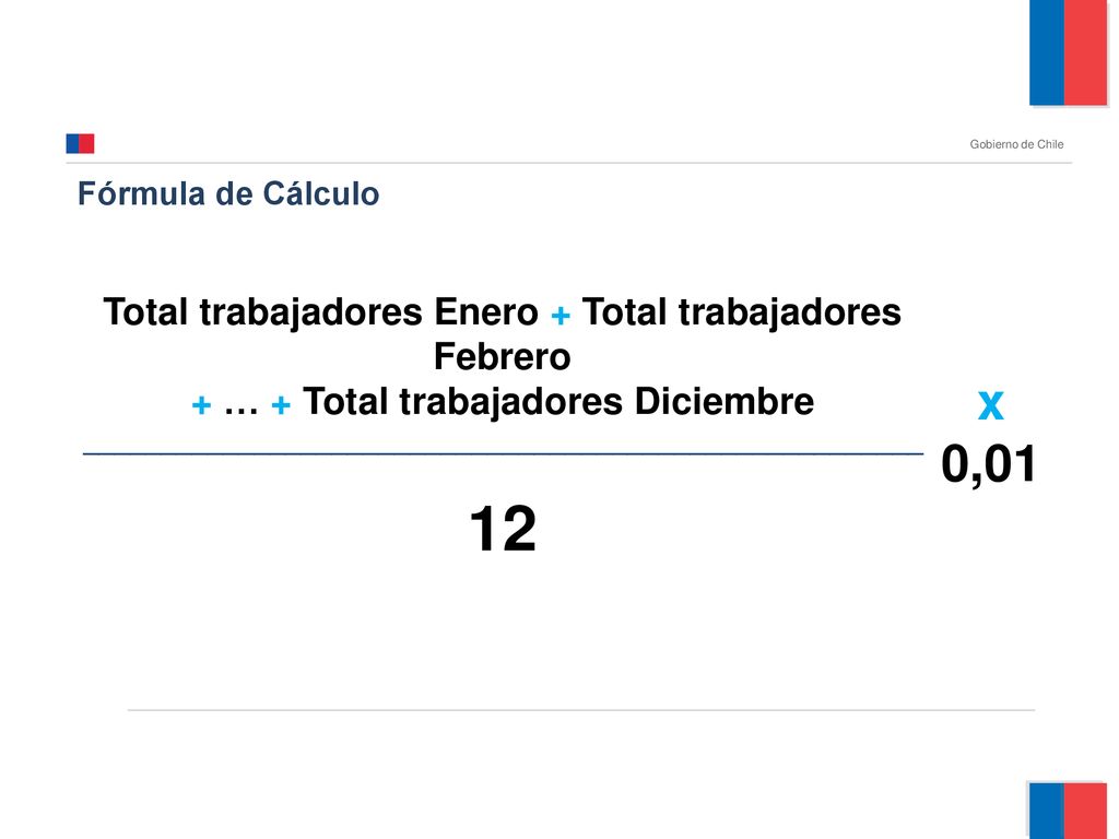12 x 0,01 + … + Total trabajadores Diciembre Fórmula de Cálculo