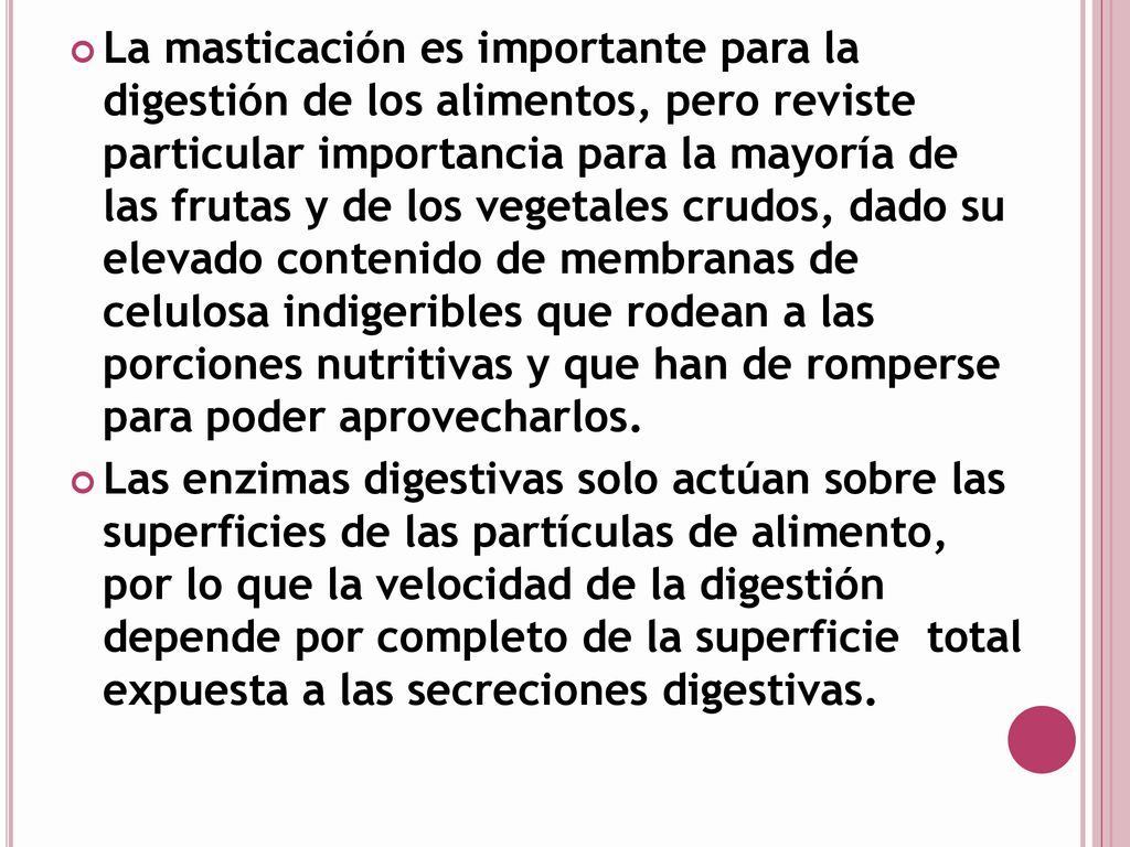 La masticación es importante para la digestión de los alimentos, pero reviste particular importancia para la mayoría de las frutas y de los vegetales crudos, dado su elevado contenido de membranas de celulosa indigeribles que rodean a las porciones nutritivas y que han de romperse para poder aprovecharlos.