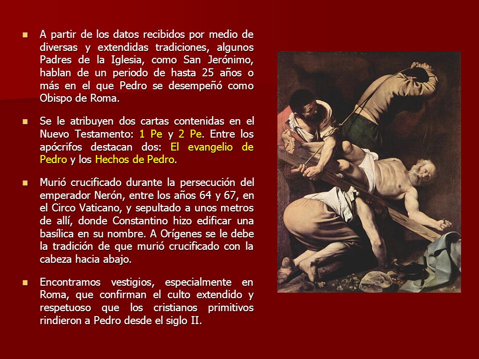 A partir de los datos recibidos por medio de diversas y extendidas tradiciones, algunos Padres de la Iglesia, como San Jerónimo, hablan de un periodo de hasta 25 años o más en el que Pedro se desempeñó como Obispo de Roma.