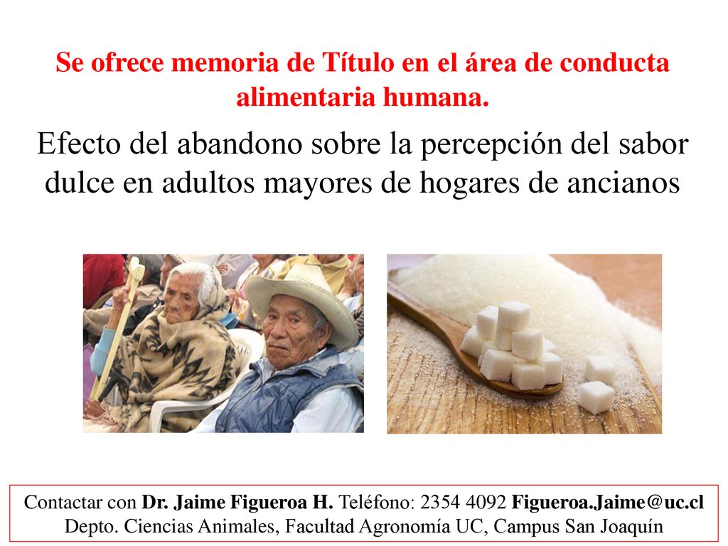 Se ofrece memoria de Título en el área de conducta alimentaria humana.