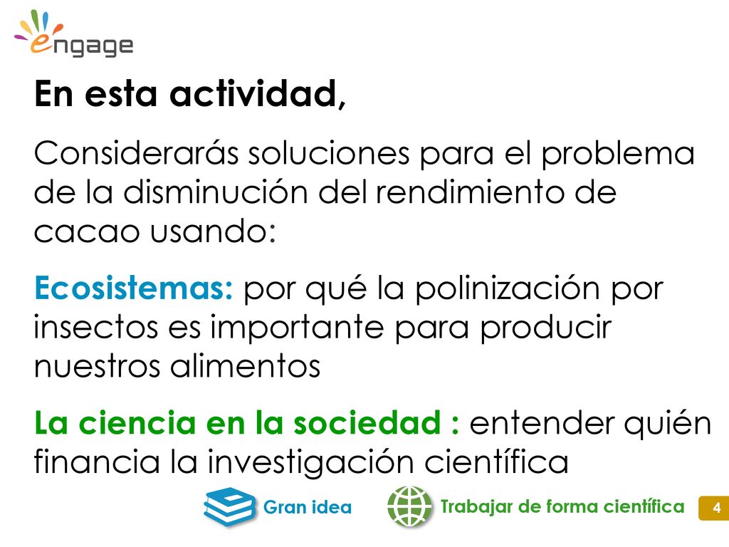 En esta actividad, Considerarás soluciones para el problema de la disminución del rendimiento de cacao usando: