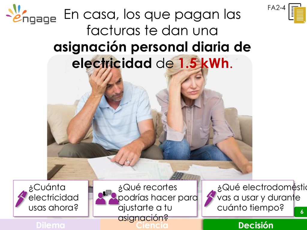 FA2-4 En casa, los que pagan las facturas te dan una asignación personal diaria de electricidad de 1.5 kWh.