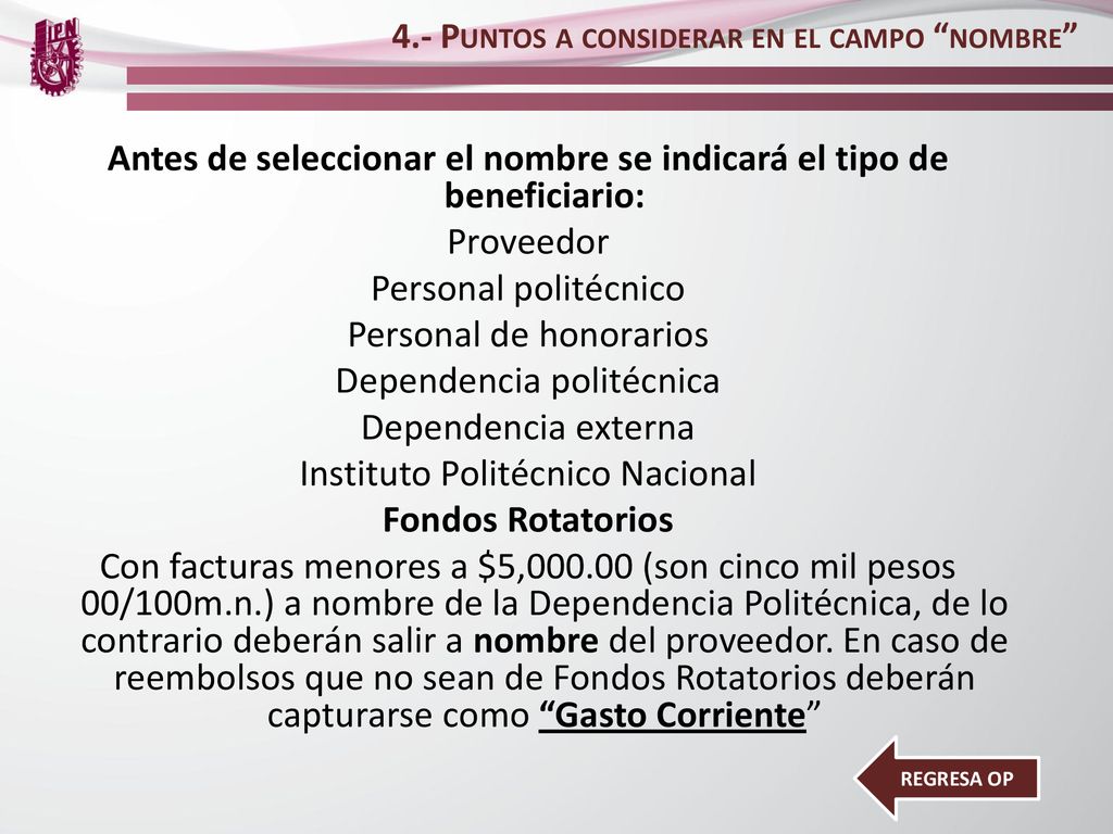 Antes de seleccionar el nombre se indicará el tipo de beneficiario: