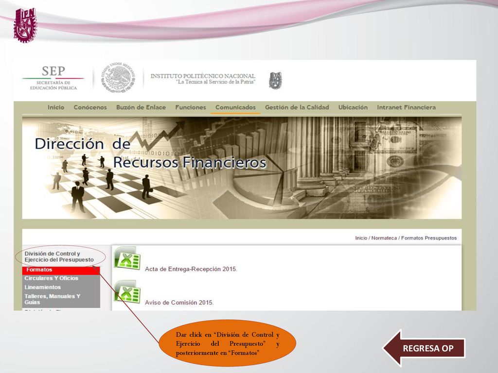 Dar click en División de Control y Ejercicio del Presupuesto y posteriormente en Formatos