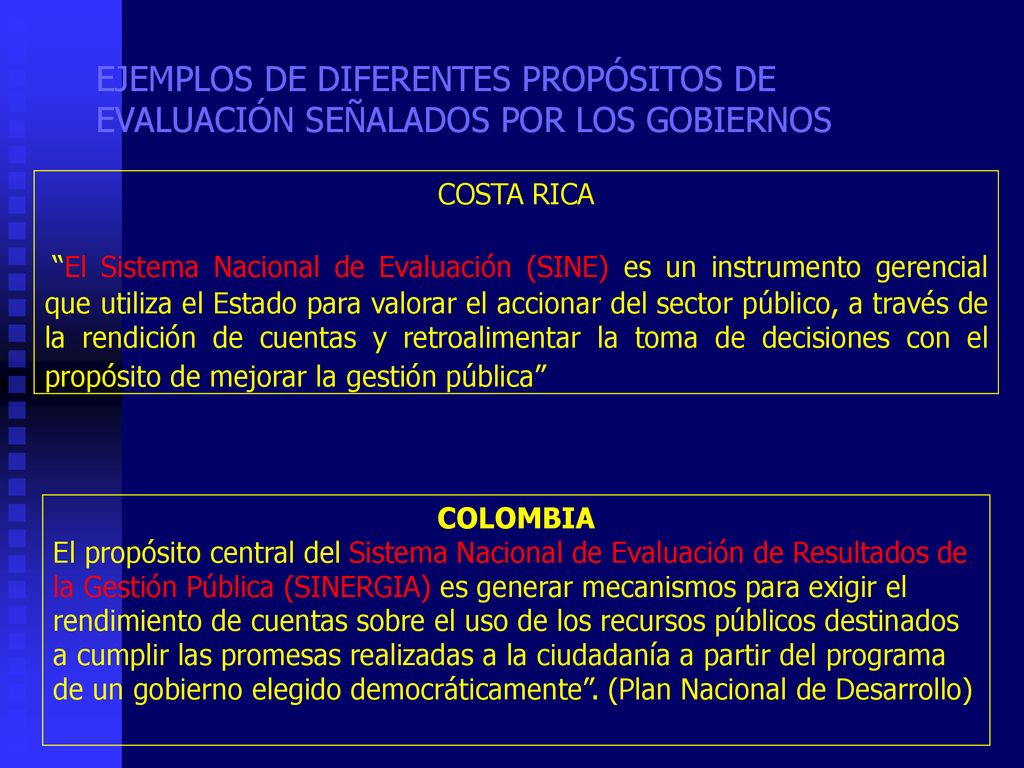 EJEMPLOS DE DIFERENTES PROPÓSITOS DE EVALUACIÓN SEÑALADOS POR LOS GOBIERNOS