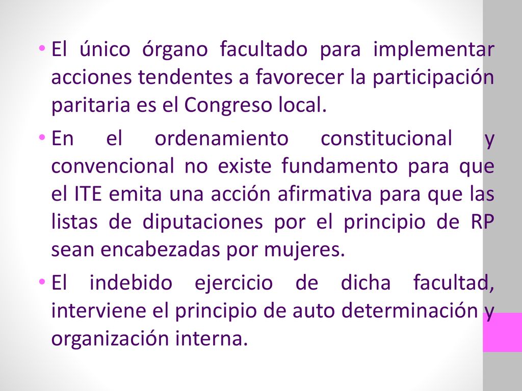 El único órgano facultado para implementar acciones tendentes a favorecer la participación paritaria es el Congreso local.