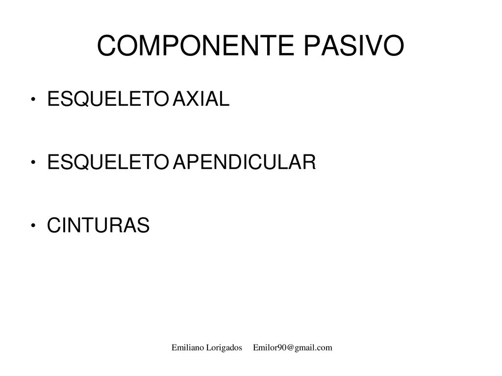 COMPONENTE PASIVO ESQUELETO AXIAL ESQUELETO APENDICULAR CINTURAS ● ● ●