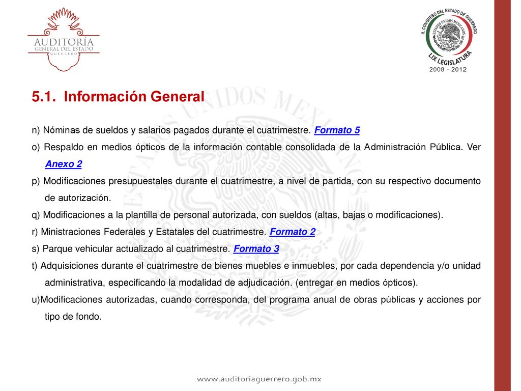 5.1. Información General n) Nóminas de sueldos y salarios pagados durante el cuatrimestre. Formato 5.