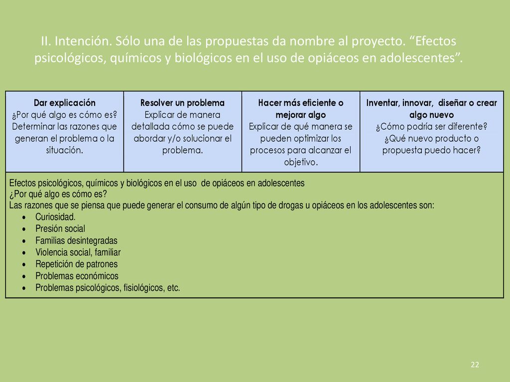 II. Intención. Sólo una de las propuestas da nombre al proyecto