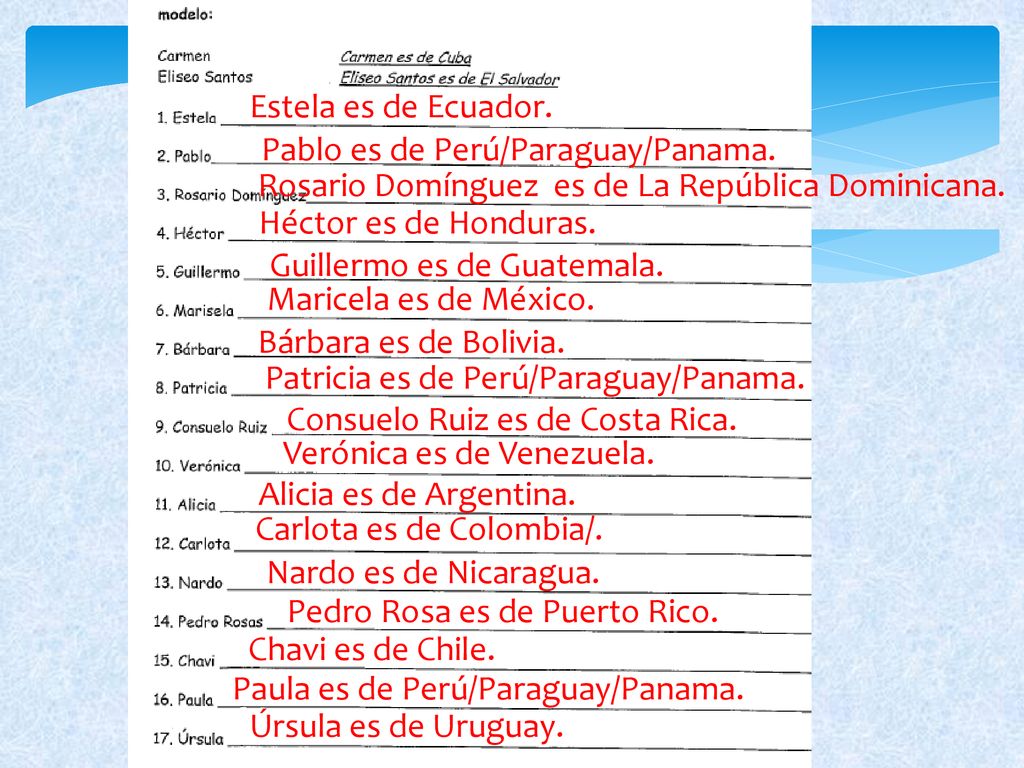 Estela es de Ecuador. Pablo es de Perú/Paraguay/Panama. Rosario Domínguez es de La República Dominicana.