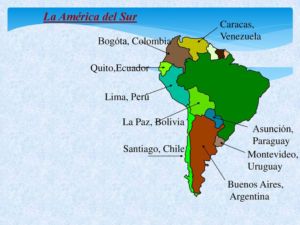 La América del Sur Caracas, Venezuela Bogóta, Colombia Quito,Ecuador