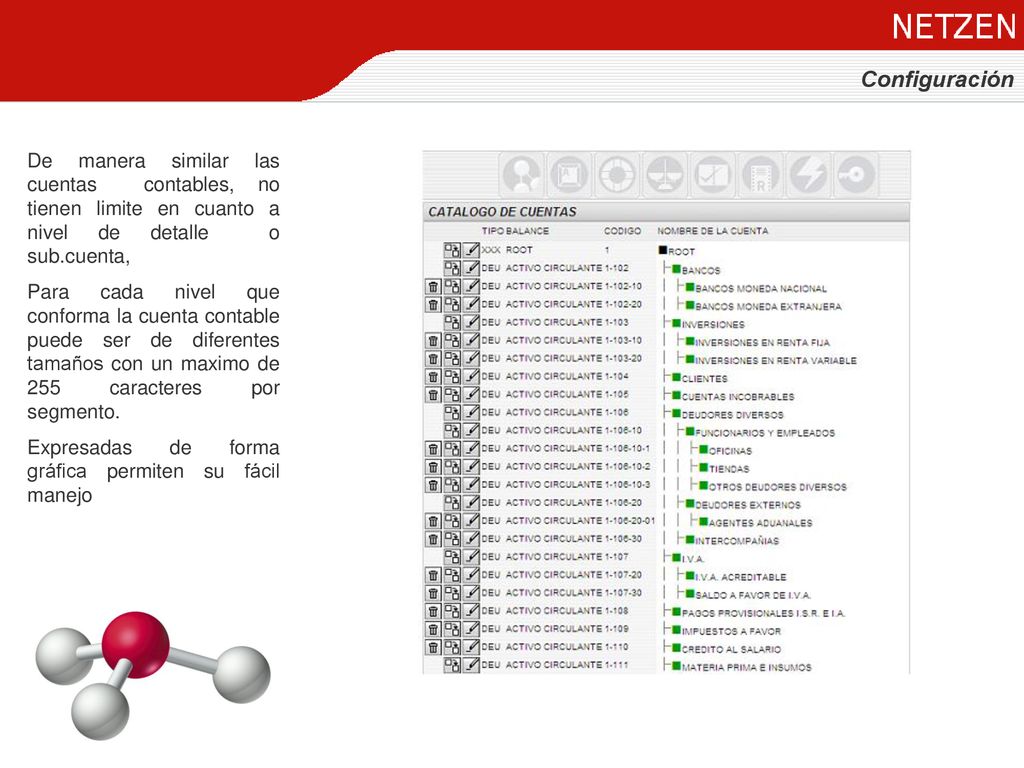 Configuración De manera similar las cuentas contables, no tienen limite en cuanto a nivel de detalle o sub.cuenta,