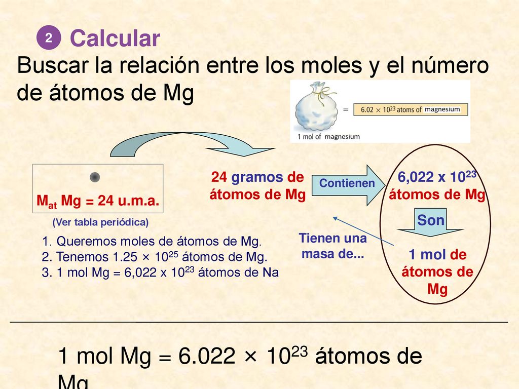 Buscar la relación entre los moles y el número de átomos de Mg