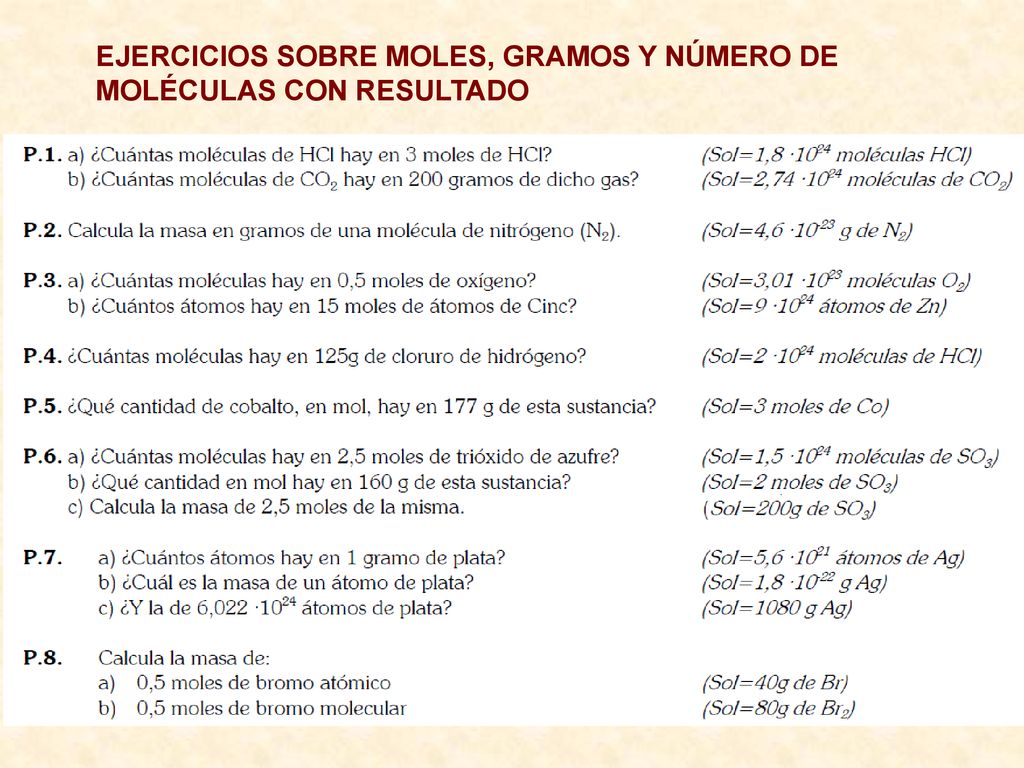 EJERCICIOS SOBRE MOLES, GRAMOS Y NÚMERO DE MOLÉCULAS CON RESULTADO
