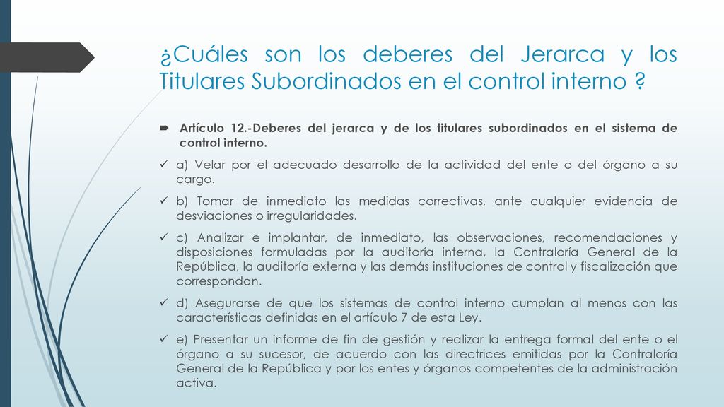¿Cuáles son los deberes del Jerarca y los Titulares Subordinados en el control interno
