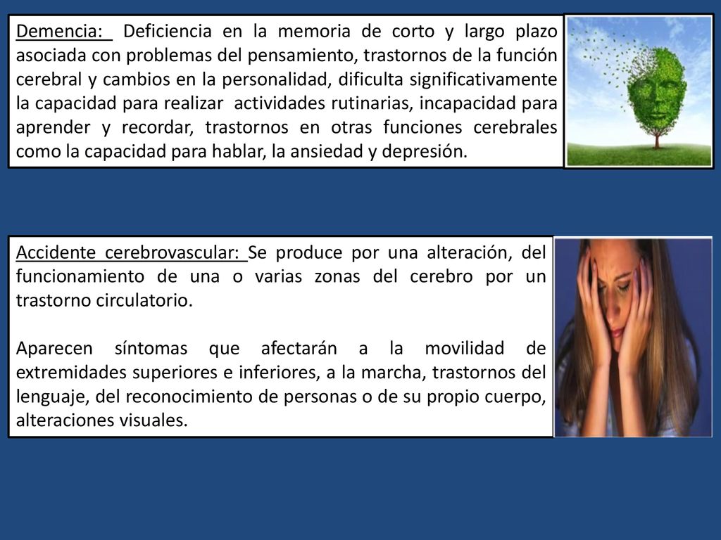 Demencia: Deficiencia en la memoria de corto y largo plazo asociada con problemas del pensamiento, trastornos de la función cerebral y cambios en la personalidad, dificulta significativamente la capacidad para realizar actividades rutinarias, incapacidad para aprender y recordar, trastornos en otras funciones cerebrales como la capacidad para hablar, la ansiedad y depresión.