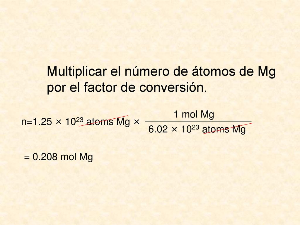 Multiplicar el número de átomos de Mg por el factor de conversión.