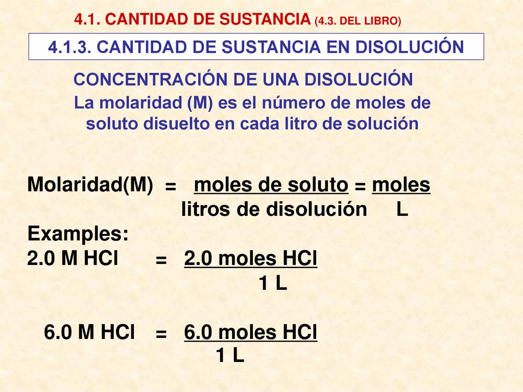 Molaridad(M) = moles de soluto = moles litros de disolución L