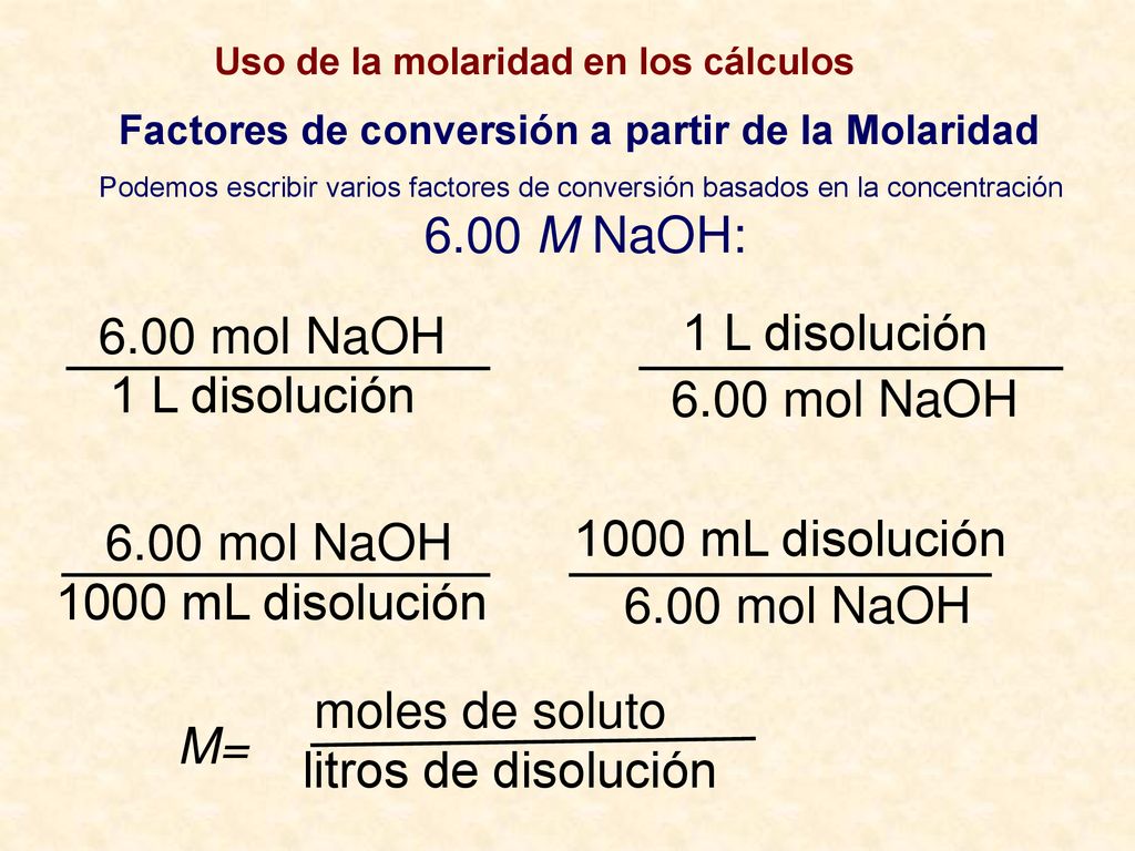 6.00 mol NaOH 1 L disolución 6.00 mol NaOH 1000 mL disolución