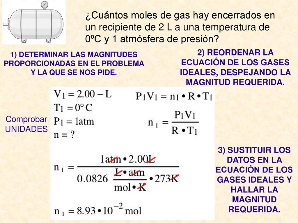 ¿Cuántos moles de gas hay encerrados en un recipiente de 2 L a una temperatura de 0ºC y 1 atmósfera de presión