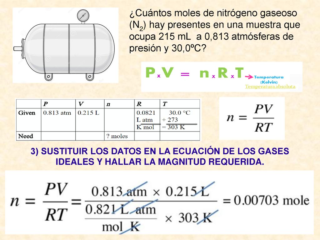 ¿Cuántos moles de nitrógeno gaseoso (N2) hay presentes en una muestra que ocupa 215 mL a 0,813 atmósferas de presión y 30,0ºC