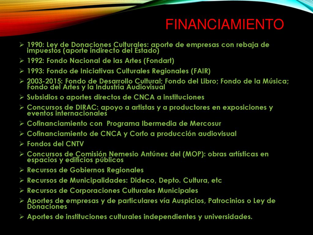 FINANCIAMIENTO 1990: Ley de Donaciones Culturales: aporte de empresas con rebaja de impuestos (aporte indirecto del Estado)