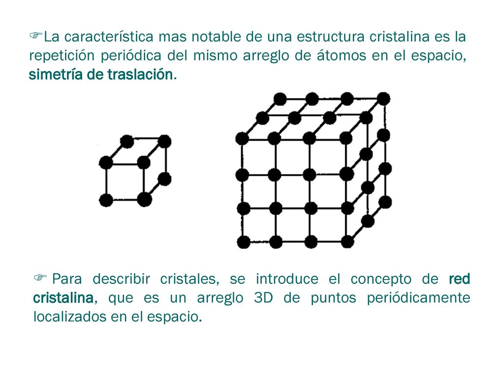 La característica mas notable de una estructura cristalina es la repetición periódica del mismo arreglo de átomos en el espacio, simetría de traslación.