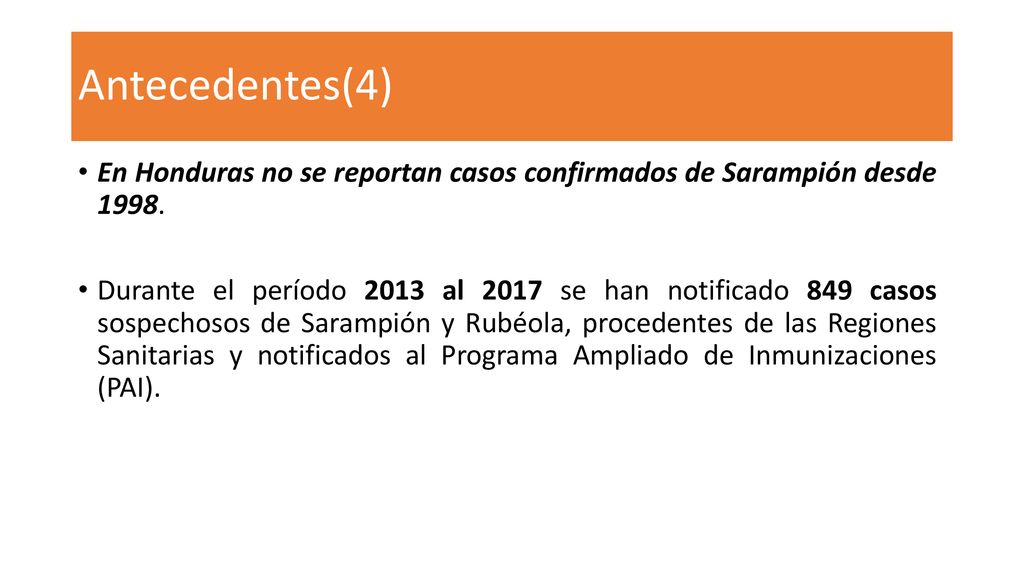 Antecedentes(4) En Honduras no se reportan casos confirmados de Sarampión desde
