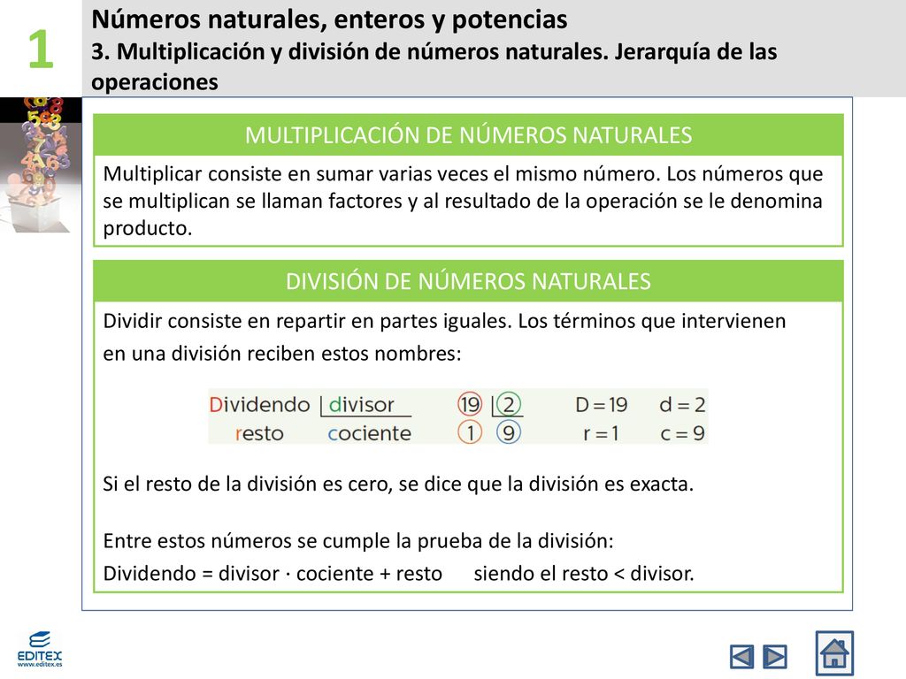1 Números naturales, enteros y potencias 3. Multiplicación y división de números naturales. Jerarquía de las operaciones.