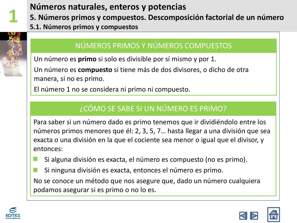 1 Números naturales, enteros y potencias 5. Números primos y compuestos. Descomposición factorial de un número.