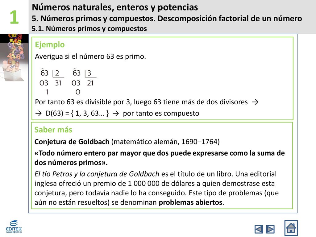 1 Números naturales, enteros y potencias 5. Números primos y compuestos. Descomposición factorial de un número.