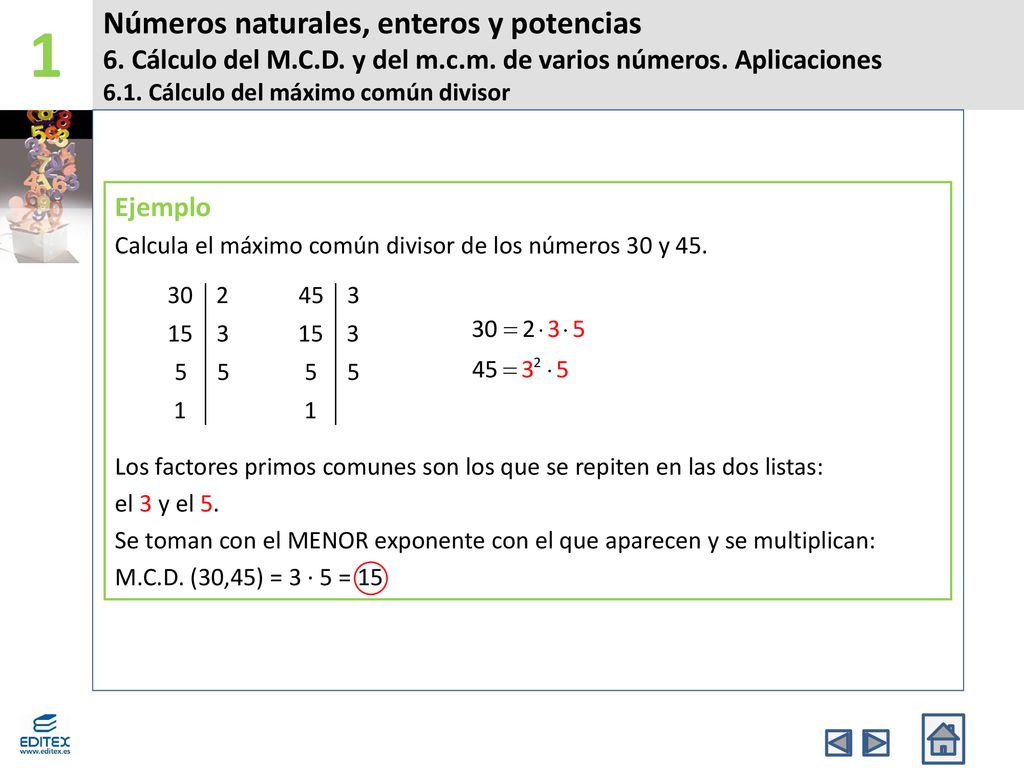 1 Números naturales, enteros y potencias 6. Cálculo del M.C.D. y del m.c.m. de varios números. Aplicaciones.