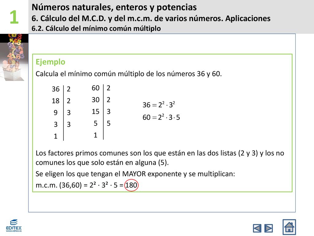 1 Números naturales, enteros y potencias 6. Cálculo del M.C.D. y del m.c.m. de varios números. Aplicaciones.
