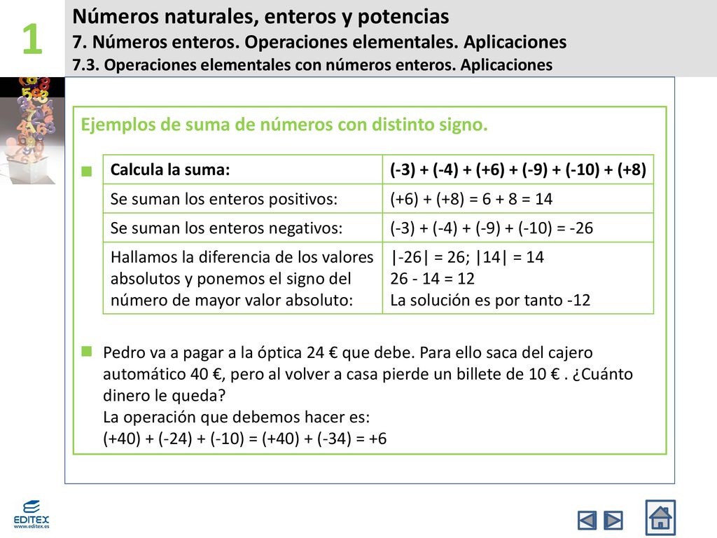 1 Números naturales, enteros y potencias 7. Números enteros. Operaciones elementales. Aplicaciones.