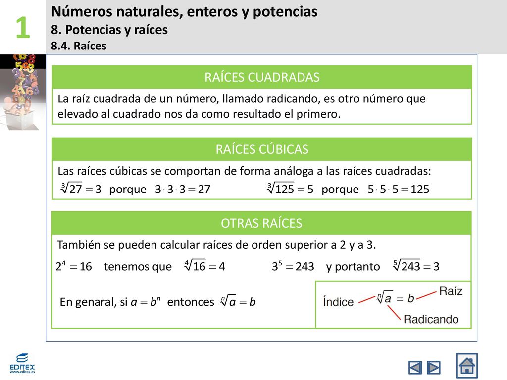 1 Números naturales, enteros y potencias 8. Potencias y raíces