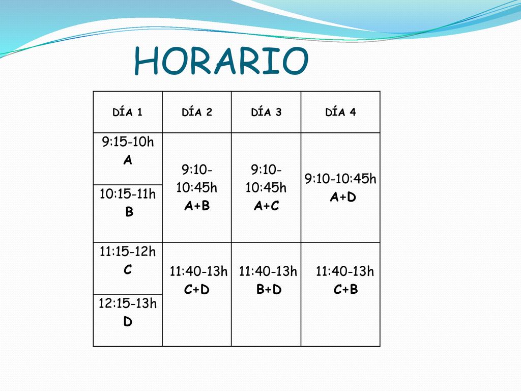 HORARIO 9:15-10h A 9:10-10:45h A+B A+C 10:15-11h 11:15-12h C 11:40-13h