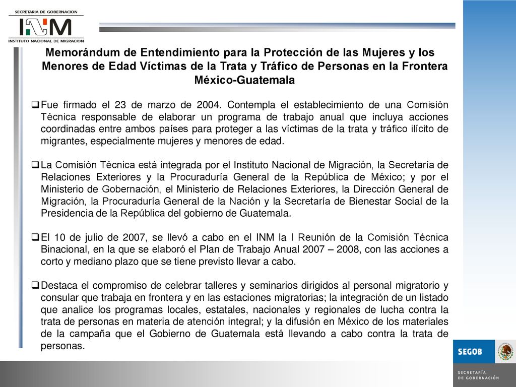 Memorándum de Entendimiento para la Protección de las Mujeres y los Menores de Edad Víctimas de la Trata y Tráfico de Personas en la Frontera México-Guatemala