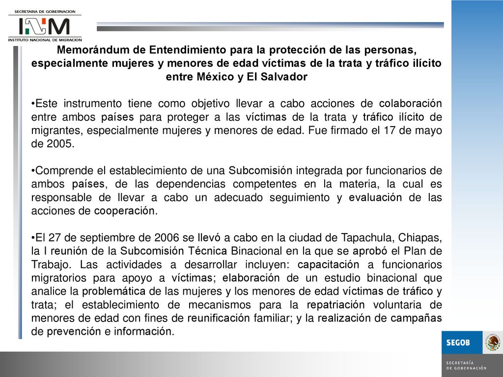 Memorándum de Entendimiento para la protección de las personas, especialmente mujeres y menores de edad víctimas de la trata y tráfico ilícito entre México y El Salvador