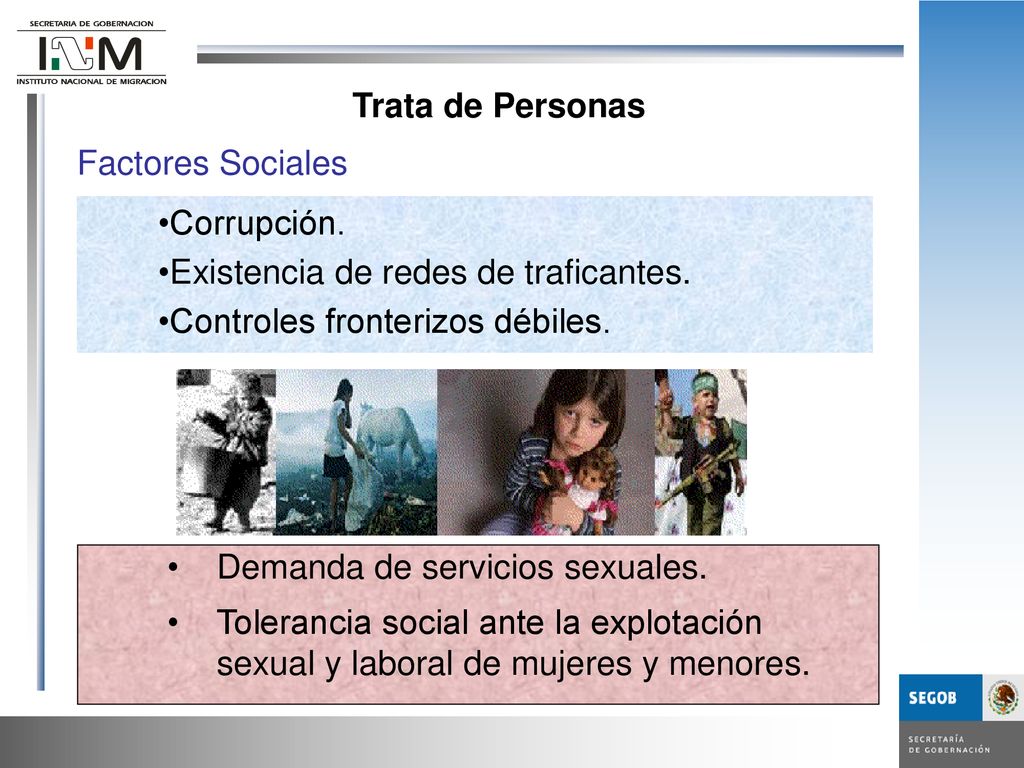 Trata de Personas Factores Sociales. Corrupción. Existencia de redes de traficantes. Controles fronterizos débiles.
