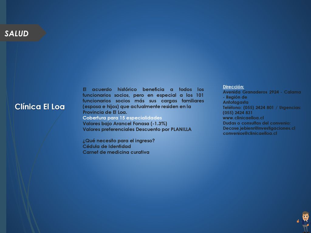 Dirección: Avenida Granaderos Calama - Región de. Antofagasta. Teléfono: (055) / Urgencias: (055)
