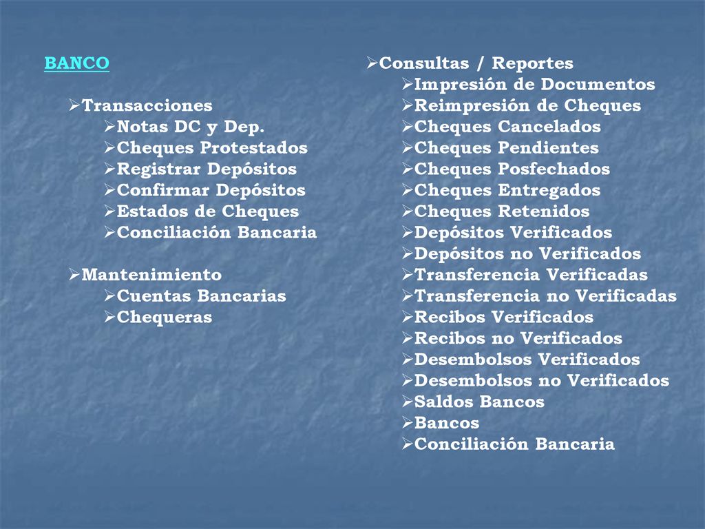 BANCO Transacciones. Notas DC y Dep. Cheques Protestados. Registrar Depósitos. Confirmar Depósitos.