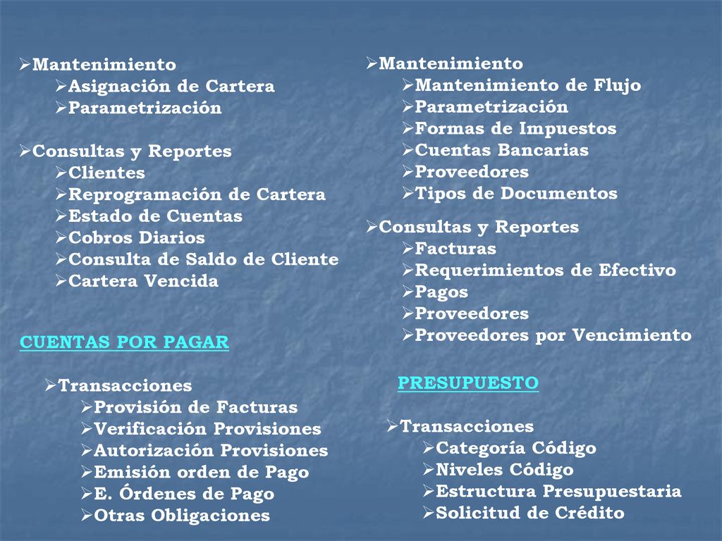 Mantenimiento Mantenimiento de Flujo. Parametrización. Formas de Impuestos. Cuentas Bancarias. Proveedores.