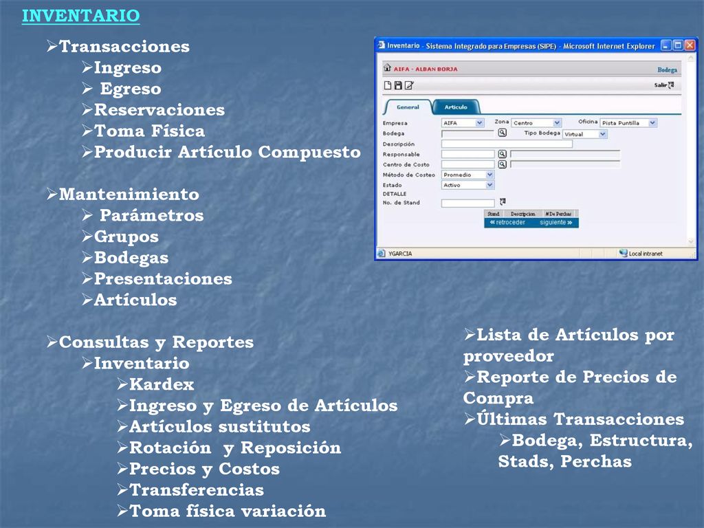 INVENTARIO Transacciones. Ingreso. Egreso. Reservaciones. Toma Física. Producir Artículo Compuesto.