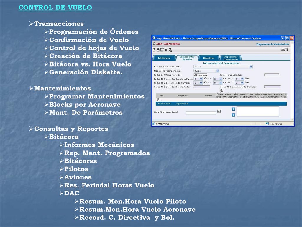 CONTROL DE VUELO Transacciones. Programación de Órdenes. Confirmación de Vuelo. Control de hojas de Vuelo.