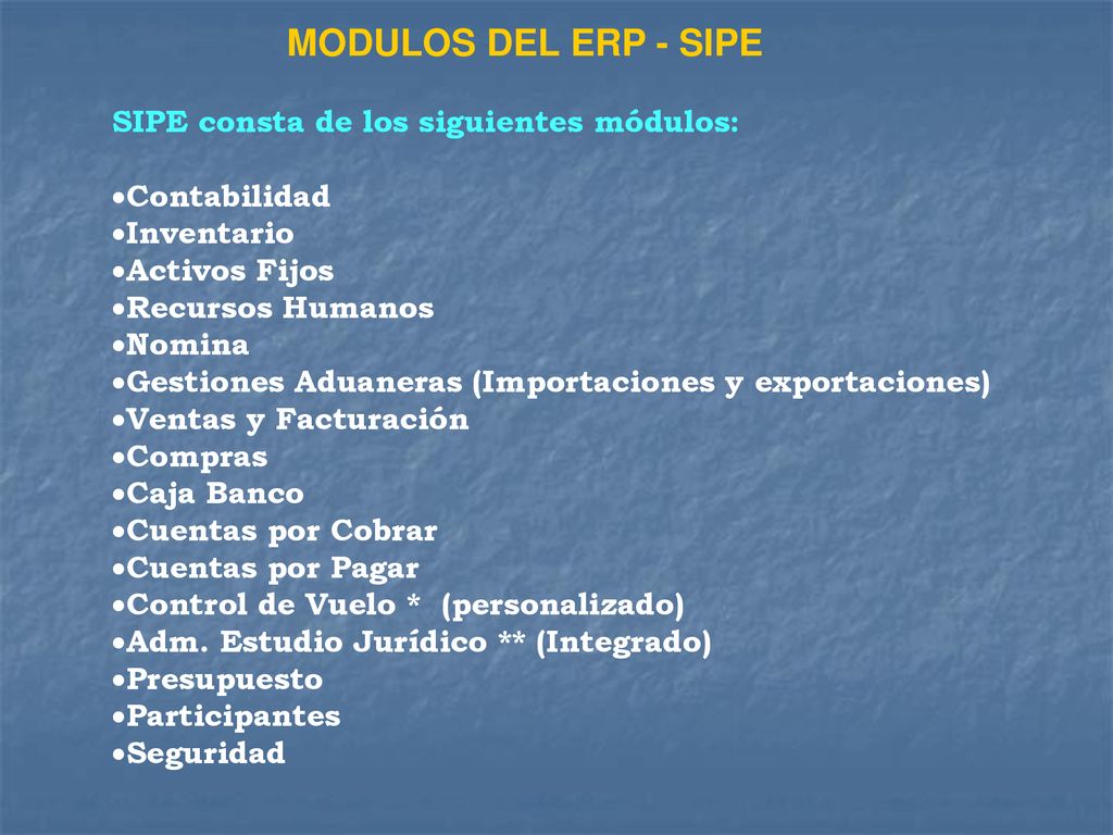 MODULOS DEL ERP - SIPE SIPE consta de los siguientes módulos:
