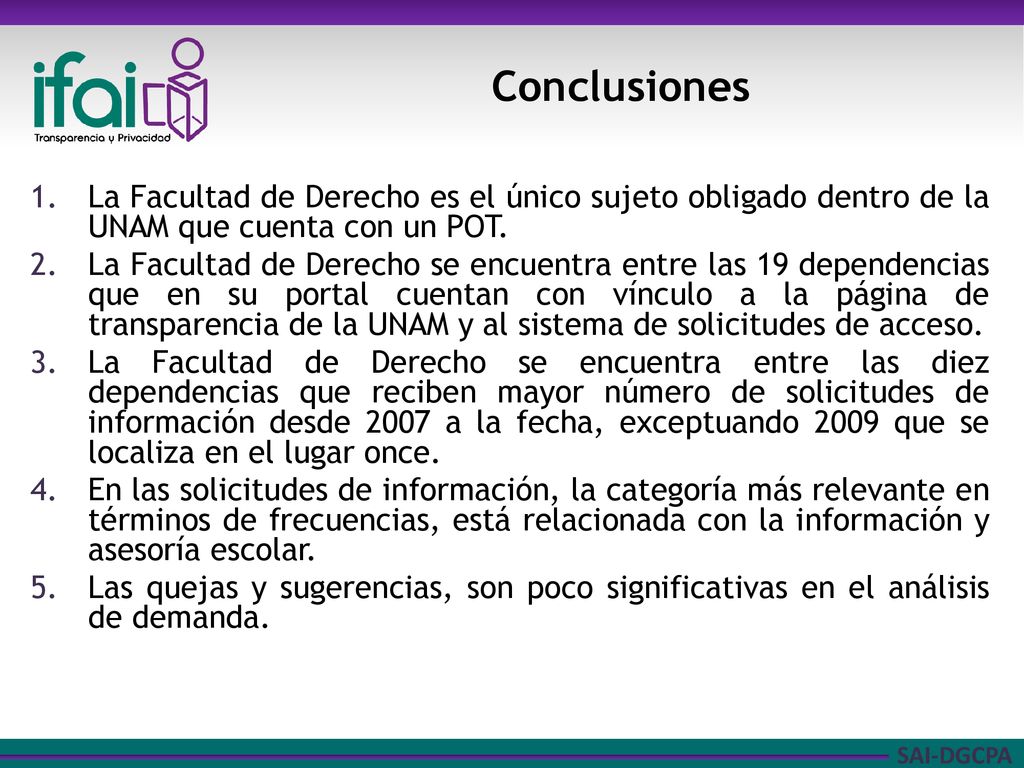 Conclusiones La Facultad de Derecho es el único sujeto obligado dentro de la UNAM que cuenta con un POT.
