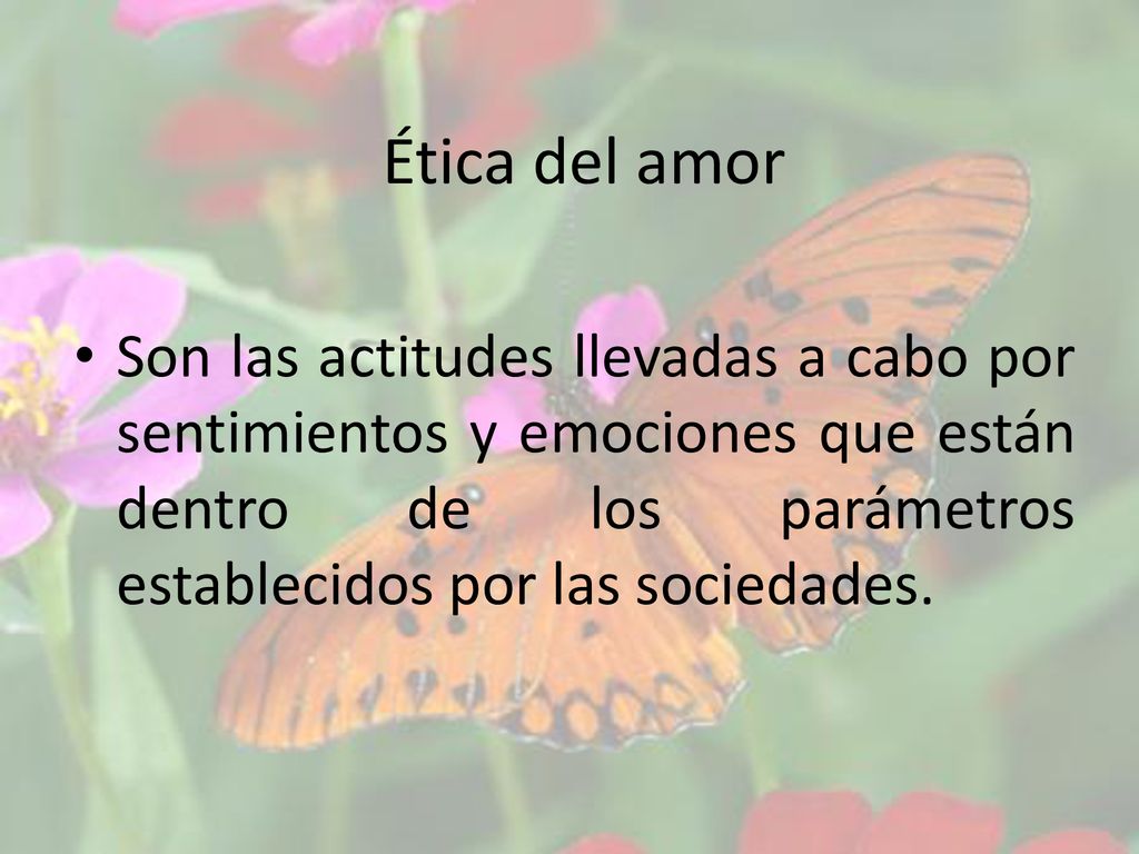 Ética del amor Son las actitudes llevadas a cabo por sentimientos y emociones que están dentro de los parámetros establecidos por las sociedades.